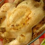 Курица в маринаде из бренди, запеченная с грибами и перловкой