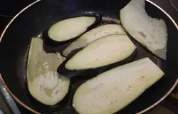 Баклажан тонко порезать и обжарить на масле с солью и перцем