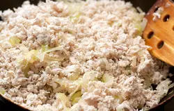 Куриное мясо измельчите с помощьюю мясорубки или блендера, добавьте луково-сельдерейную смесь.
