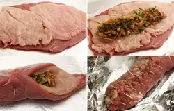 На свинину уложите куски курицы так, чтобы они покрыли почти всю площадь мяса, посолите и поперчите.  На середину выложите грибную начинку, заверните мясо и скрепите зубочистками. Чтобы при запекании рулет не развернулся, зигзагообразно скрепите зубочистки хлопчатобумажной нитью.