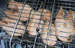 Шашлык из рыбы на костре можно готовить на решетке, либо нанизать куски на шампуры. Многие утверждают, что если готовить рыбу на костре, то её можно просто натереть солью и перцем, не маринуя. Но это все-таки шашлык, и готовить его нужно по всем правилам.