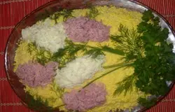 В красивую плоскую салатницу выложите слой курицы кубиками. Сверху грибы, обжаренные в масле. Потом жареный лук нужно уложить сверху на грибы. По желанию можно перемешать сначала лук с грибами, а только потом укладывать слоем одним. Дальше распределите натертые огурцы и в конце положите измельченные яйца. Каждый слой смажьте аккуратно майонезом. Верх салата украсьте зеленью, цветы можно сделать из белка (натертого на терке) либо придумайте свой рисунок.