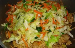 Накладываем овощи поверх лапши и мяса. Блюдо готово. Приятного аппетита!