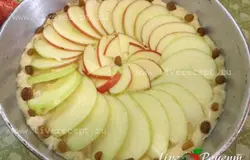 Тесто выкладываем в смазанную растительным маслом форму. Сверху по кругу кладем дольки яблок. Украшаем изюмом и выпекаем 30-35 минут в духовке при 180-200 градусах. Яблочный пирог с изюмом готов!