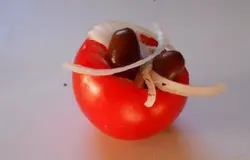 Сверху выкладываем кольца лука и оливки.