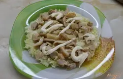 Далее грибы и майонез. Потом лук маринованный, яйца куриные, филе куриное и картофель. Все слои обильно смазать майонезом.