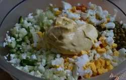 В миску с салатом добавить майонез, соль и специи по вкусу.Размешать, вылить остатки бульона и выложить вторым слоем в форму.