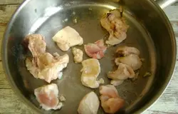 Возьмите мясо, помойте его и порубите на куски. Обжарьте в постном масле до полуготовности.