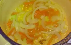 Морковь очистить, помыть и нарезать брусочками.Лук очистить, помыть и нарезать крупно.Лук и морковь обжарить. Дайте остыть.