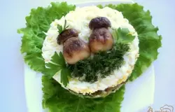 Готово! Снять кольцо. Украсить салат половинками белого гриба, укропом и петрушкой. Приятного аппетита!