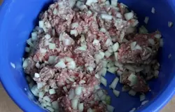 Мелконарезанное мясо или крупно молотый фарш смешать с мелко нарезанным луком.