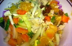 Соединить изюм, куриное филе, сладкий перец, зеленый лук, репчатый лук, апельсин, орехи. Добавить соль. Все аккуратно перемешать. Можно добавить немного лимонного сока.
