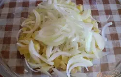 Лук полукольцами. Чеснок через пресс.