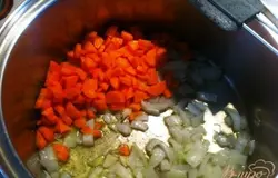 В кастрюле с толстым дном в оливковом масле обжарить с начала лук, затем добавить морковь.