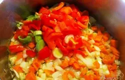 Добавить порезанные средним кубиком болгарский перец, лук-порей и жарить несколько минут