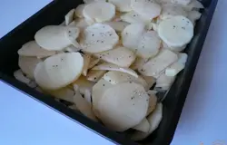 В форму, смазанную маслом, выкладываю слой лука, затем слой картофеля. Посыпаю солью и черным молотым перцем.