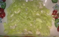 Выложить в салатник ровным слоем куриное филе, а сверху слой огурцов. Сверху полить сеточкой из майонеза.