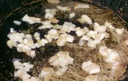 Сало нарезать мелкими кубиками и обжарить на растительном масле. Я взяла сало с пропезью, но можно и просто. Сало можно взять как обычное, так и соленое. С соленым салом будет вкуснее.