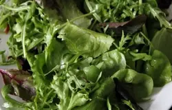 На блюдо выложить промытый и обсушенный микс-салат, ...остальные продукты нарезать кружочками.