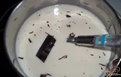 К молоку добавить мед, сахар, масло, какао-порошок и поломанный шоколад.