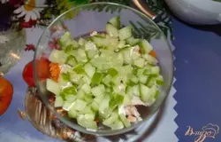 Теперь слой огурца. Смазываем майонезом.