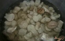 Даём грибам закипеть, воду сливаем, затем заливаем грибы водой еще раз, доводим до кипения, добавляем соль и варим примерно 40 минут (до готовности) на медленном огне.