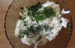 Зеленый лук нарежьте мелкими колечками и добавьте к творогу. Чеснок порежьте очень мелко или даже можете пропустить через пресс. Укроп порвите на мелкие кусочки и добавьте туда же. Всю эту массу хорошенько перемешайте и перетрите до максимально возможной однородности.