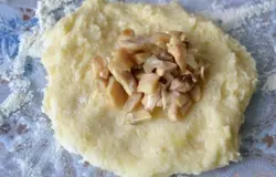 Из картофельного теста сформировать лепешку, выложите на нее начинку.