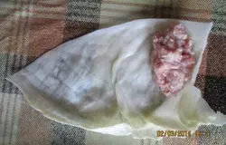 На листочек выложите готовый фарш и заверните.