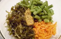 Морковь по-корейски можно купить готовую, а можно приготовить самим, от этого будет меняться и вкус салата. Порежьте на небольшие кусочки морковь. Маринованную морскую капусту также нужно порезать на не большие и не длинные кусочки. Для того, чтобы стручковая фасоль не потеряла цвет, её из кипятка нужно сразу переложить в ледяную воду на пару минут. Чтобы вода была максимально ледяной используйте лед или как я, специальные охлаждающие шарики, которые предварительно нужно замораживать в морозильной камере. Остывшую стручковую фасоль порежьте на не большие кусочки. Соединяем ингредиенты салата: маринованную морскую капусту, стручковую фасоль, морковь по-корейски. Соль и перец молотый по желанию. Также добавляем французскую горчицу. Заправляем салат растительным маслом.