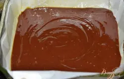 Растопить шоколад и сливочное масло. Снять тут же с огня. Добавить сахар, затем яйца и ванилин после каждого раза перемешивать. Перелить в муку с разрыхлителем и перемешать. Вылить в приготовленную форму с бумагой.