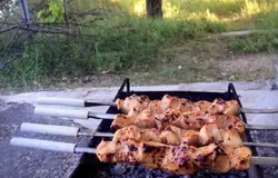 Нанизать мясо на шампура и жарить на мангале, периодически поворачивая шампура.