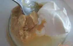 Из пастообразного творога, горчицы и рассола приготовить соус.Посолить, поперчить по вкусу.
