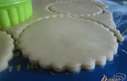 Тесто выложить на рабочий стол, припыленный мукой.Раскатать тонко и нарезать круги среднего размера.