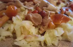 Слой отварного картофелая ( на терке), слой грибов.