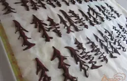 Растопить шоколад и при помощи кондитерского кулька с тонкой насадкой сделать елочки на листе пекарской бумаги, дать застыть.
