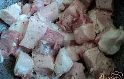 Мясо порезать кусочками 3х3см, немного сала порезать пластинками. На дно казана положить пластинки сала, сверху мясо. Посолить и поперчить.