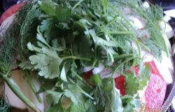 Верхним слоем выложить порезанную четверть кольцами луковицу и пластинки помидора. Положить, не измельчая зелень.