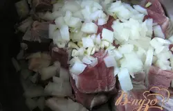 Мясо помыть, обсушить и нарезать крупными кубиками, 3х3 см, выложить в глубокую кастрюлю. Добавить нарезанный кубиками лук и измельченный чеснок (я нарезала пластинами).