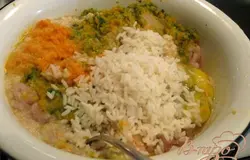 Пропускаем через мясорубку свинину, лук с морковью и вымоченную булочку. Можно добавить пару зубочков чеснока и немного имбиря, но это на вкус. А также отварной рис. Солим и приправляем по вкусу. Хорошо перемешиваем фарш.