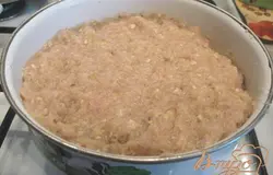 В мясной фарш добавляем репчатый лук(измельчить), горчицу, яичный белок и приправляем по вкусу.