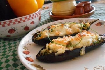фото рецепта Баклажанные лодочки с рисом,яйцом и зеленым луком
