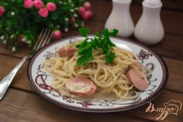 фото рецепта Быстрые спагетти с сосисками в сливочном соусе