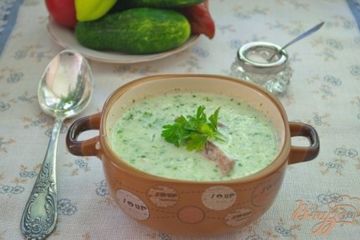 фото рецепта Легкий суп с огуцом, языком и фасолью на кефире