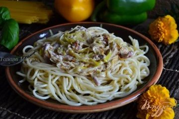 фото рецепта Спагетти с пореем и ветчиной