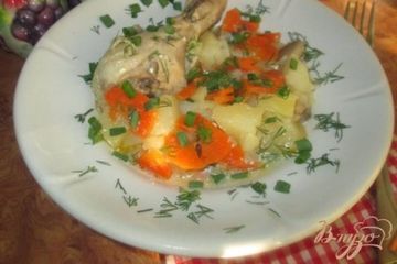 фото рецепта Картофель с курицей и грибами тушеные в казане