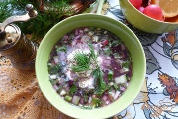 фото рецепта Окрошка со свеклой на мясном бульоне