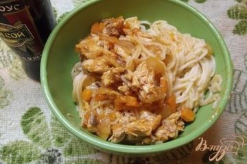фото рецепта Спагетти с курицей и заправкой из овощей