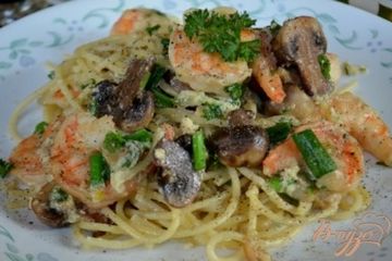фото рецепта Спагетти с креветками и грибами