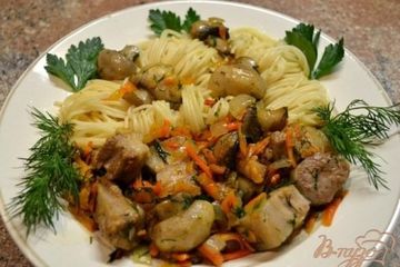 фото рецепта Спагетти со свининой и свежими шампиньонами.